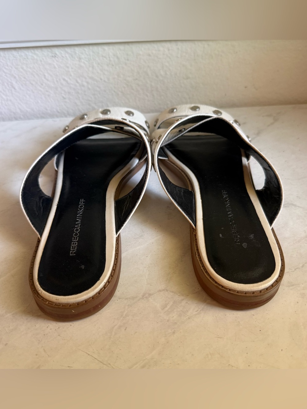 Rebecca Minkoff White Studded Leather Slide Sandals - Picture 3 of 7